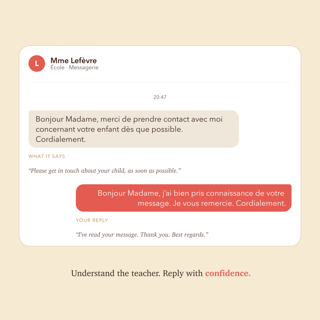 A French school message decoded into plain English, with a ready reply